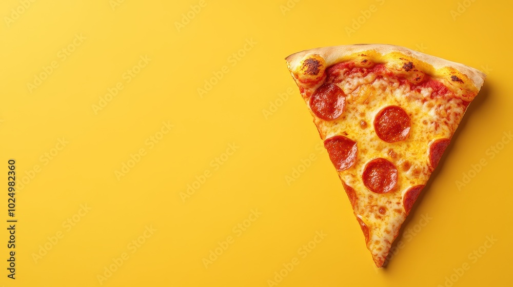 Delicious Slice of Pepperoni Pizza on Vibrant Yellow Background Delicious Slice of Pepperoni Pizza on Vibrant Yellow Background