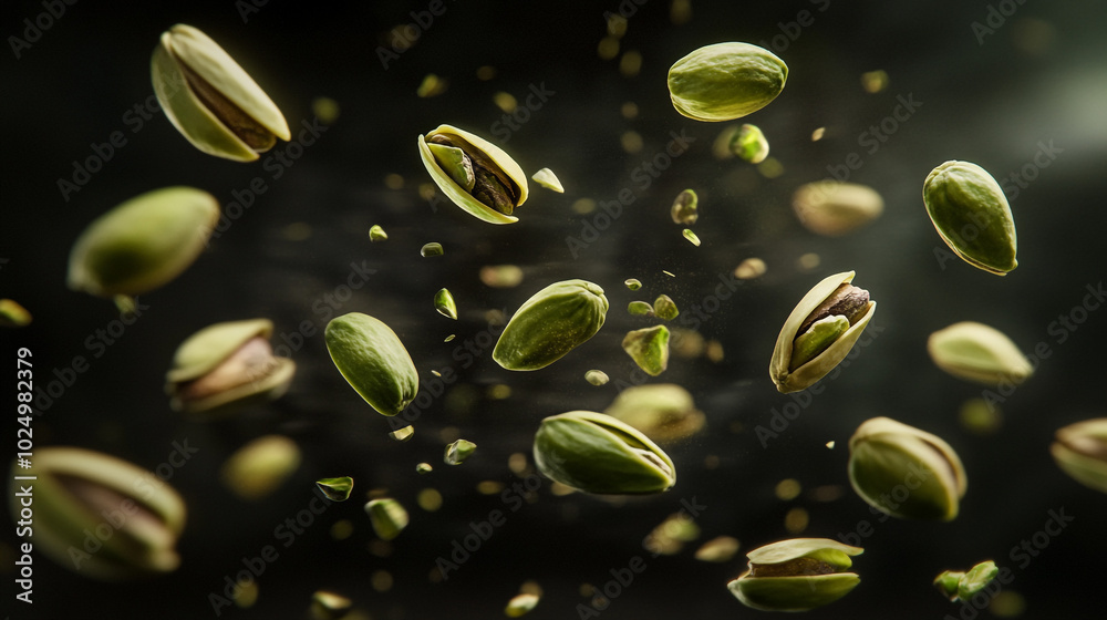 Pistachio nuts floating in mid-air with shells cracking and splintering in a dark background Pistachio nuts floating in mid-air with shells cracking and splintering in a dark background