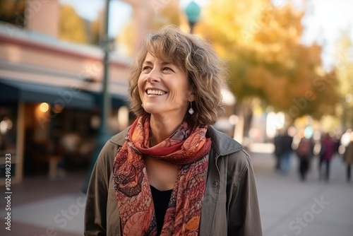 Portrait of a beautiful middle aged woman in the street, smiling.