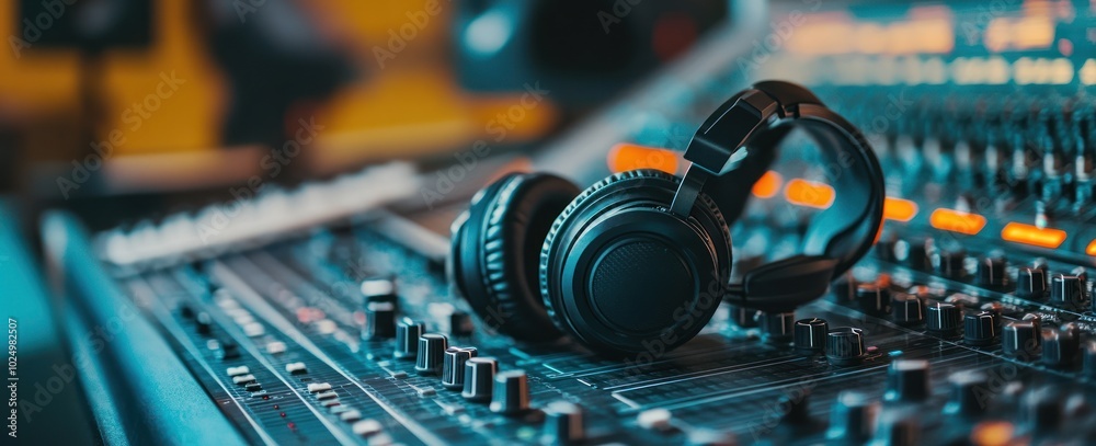 A close-up of headphones resting on a sound mixing console, highlighting audio production. A close-up of headphones resting on a sound mixing console, highlighting audio production.