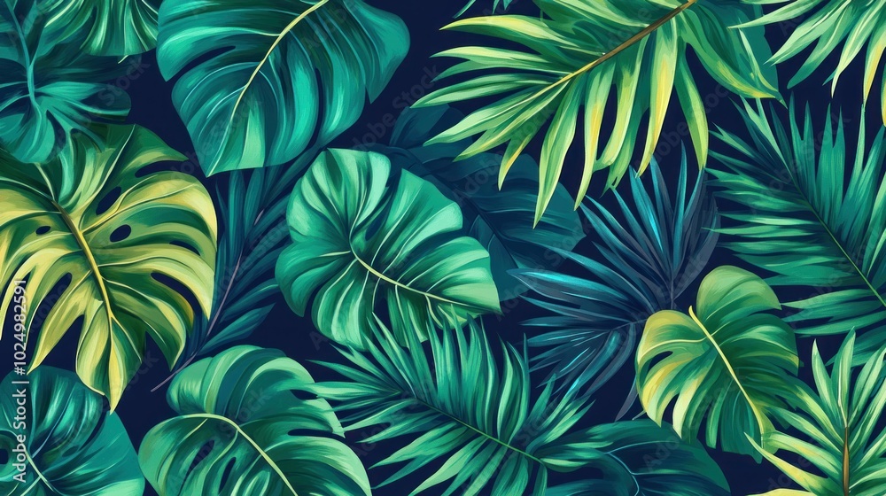 A vibrant pattern of tropical leaves in various shades of green on a dark background. A vibrant pattern of tropical leaves in various shades of green on a dark background.