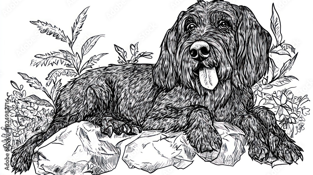 A detailed line drawing of a dog resting on rocks, surrounded by plants. A detailed line drawing of a dog resting on rocks, surrounded by plants.