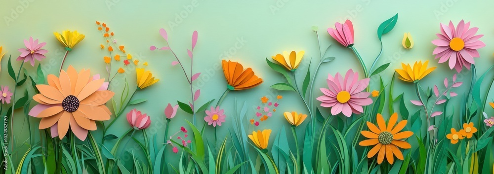 A vibrant illustration of colorful flowers in a lush green landscape. A vibrant illustration of colorful flowers in a lush green landscape.