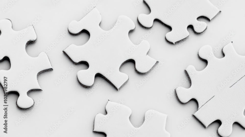 A close-up of several white puzzle pieces scattered on a light background.