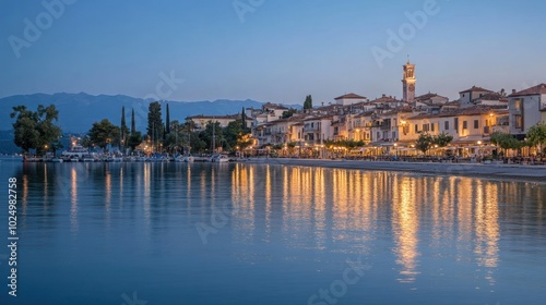 Scenic lakeside town at dusk with illuminated buildings reflecting on the water.