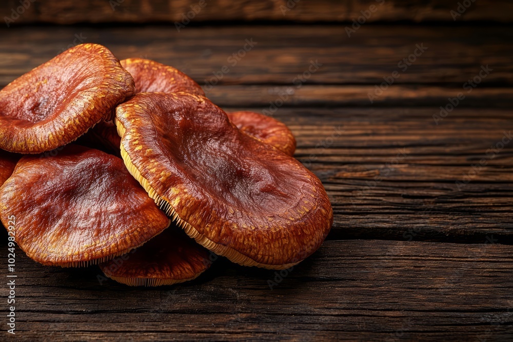 Fresh Lingzhi mushroom on dark wooden floor. (Ganoderma Lucidum). Chinese traditional medicine and nutritive value. , isolated on white background, , copy space for text, Fresh Lingzhi mushroom on dark wooden floor. (Ganoderma Lucidum). Chinese traditional medicine and nutritive value. , isolated on white background, , copy space for text,