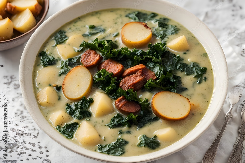 A bowl of creamy portuguese caldo verde soup with kale potatoes and slices of chorizo, Ai Generated A bowl of creamy portuguese caldo verde soup with kale potatoes and slices of chorizo, Ai Generated