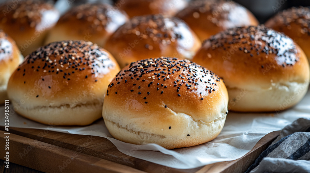 Freshly baked bread rolls topped with sesame seeds displayed on a wooden board in a cozy kitchen Freshly baked bread rolls topped with sesame seeds displayed on a wooden board in a cozy kitchen