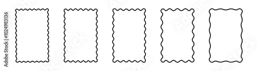 Set of vertical rectangle frames with wavy edges. Mirror, picture or photo rectangle frames with wavy borders. 