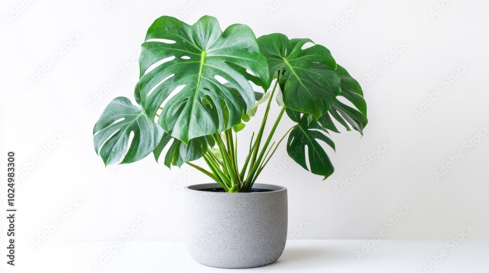 Beautiful Monstera deliciosa with large, glossy leaves, placed in a gray pot, isolated on a white background, creating a fresh, modern look Beautiful Monstera deliciosa with large, glossy leaves, placed in a gray pot, isolated on a white background, creating a fresh, modern look