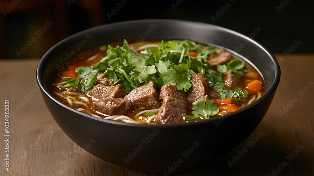 Delicious bowl of beef soup with fresh herbs on a wooden table. Delicious bowl of beef soup with fresh herbs on a wooden table.