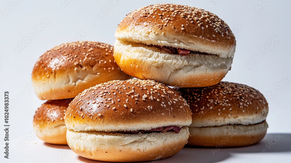 A stack of freshly baked sesame seed buns on a light background ready for various fillings A stack of freshly baked sesame seed buns on a light background ready for various fillings