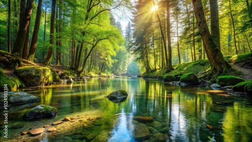 Tranquil forest landscape with crystal clear stream
