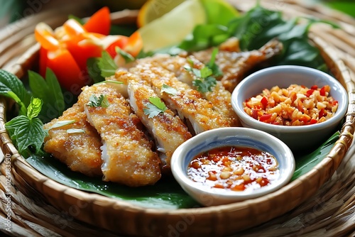 Delicious grilled fish served with fresh vegetables and sauces. photo