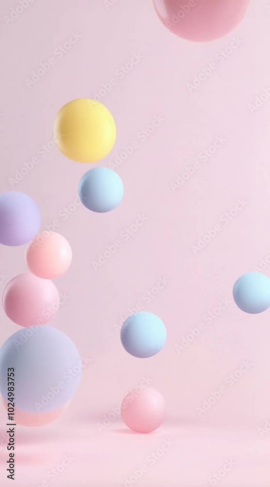 Vertical video of Floating pastel spheres in playful and whimsical arrangement against soft pink background create joyful atmosphere filled with vibrant colors and delightful decoration. Vertical video of Floating pastel spheres in playful and whimsical arrangement against soft pink background create joyful atmosphere filled with vibrant colors and delightful decoration.