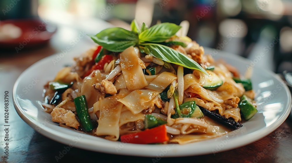 Delicious stir-fried noodle dish with vegetables and herbs. Delicious stir-fried noodle dish with vegetables and herbs.
