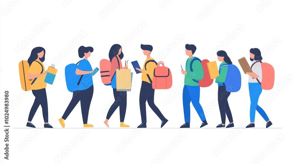 A group of diverse students walking together, carrying backpacks and books. A group of diverse students walking together, carrying backpacks and books.