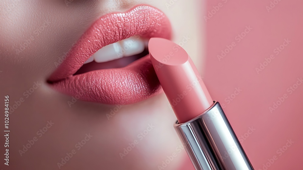 Obraz premium A close-up of lips applying a pink lipstick, featuring a smooth finish against a soft background, highlighting beauty and cosmetic application.