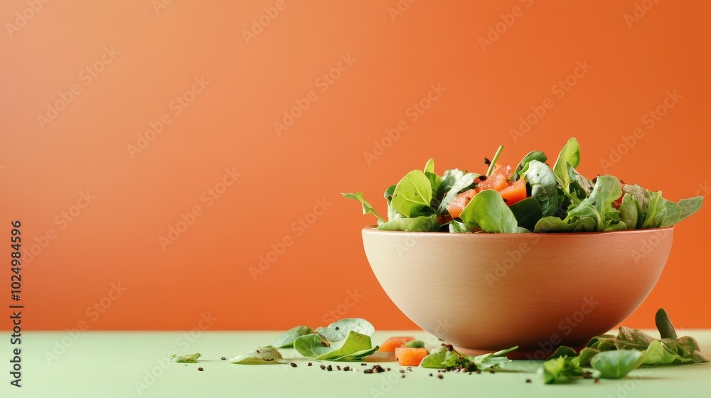 Vibrant Vegetable Salad in a Bowl on a Green and Orange Background Vibrant Vegetable Salad in a Bowl on a Green and Orange Background
