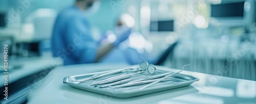 Dental tools on a tray in a clinical setting with a patient in the background.