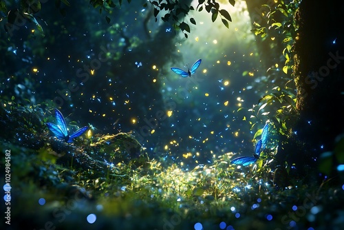 Enchanting forest with butterflies and magical glowing lights