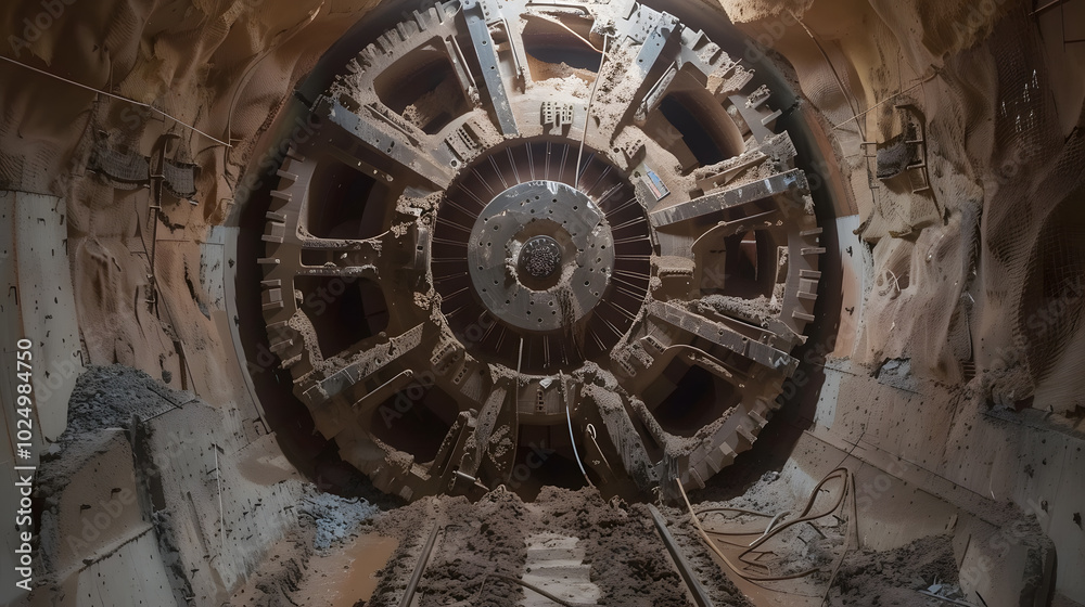 The tunnel boring machine advances through a tunnel, with debris being removed and new tunnel linings installed The tunnel boring machine advances through a tunnel, with debris being removed and new tunnel linings installed