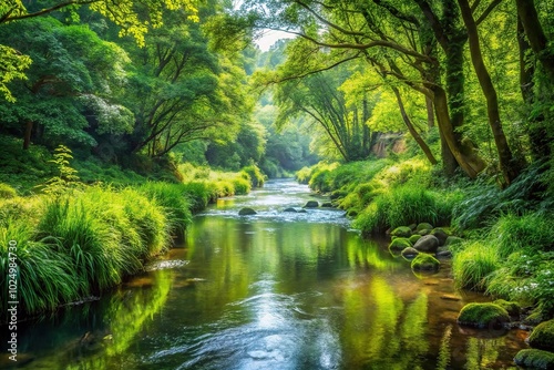 Tranquil stream flowing through lush greenery silhouette
