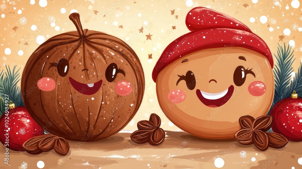 Obraz premium Cartoon Christmas Nutmeg and Cinnamon Characters. AI generated illustration.