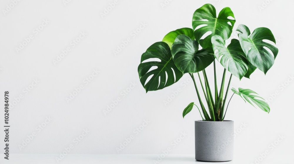 Clean and minimalist shot of a vibrant Monstera deliciosa plant in a gray pot, standing against a white background, emphasizing its lush green foliage Clean and minimalist shot of a vibrant Monstera deliciosa plant in a gray pot, standing against a white background, emphasizing its lush green foliage