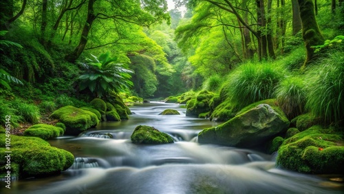 Tranquil stream flowing through vibrant green landscape with a minimalist design