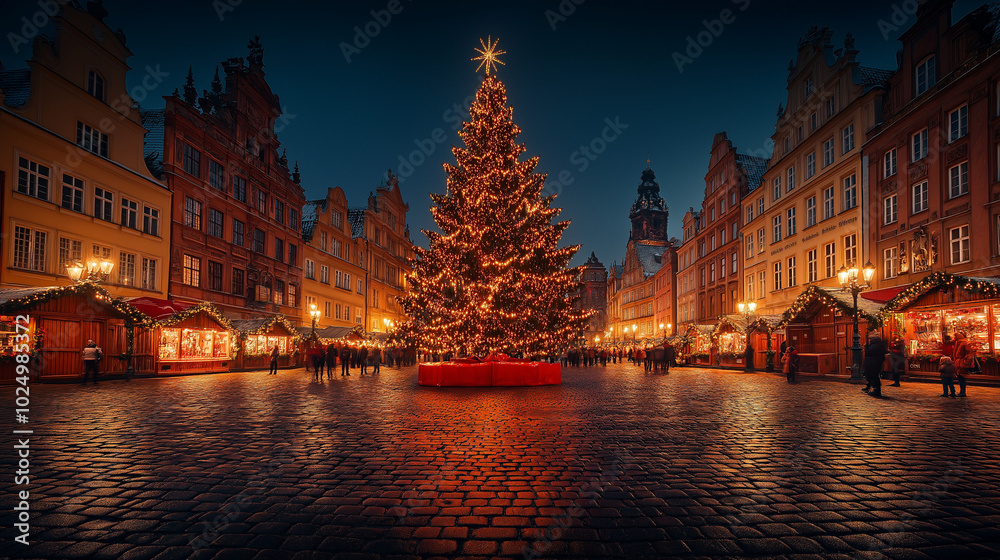 Naklejka premium Illuminated Town Square with a Large Christmas Tree, Streets Lined with Lights, Evoking Festive Spirit. Christmas Theme