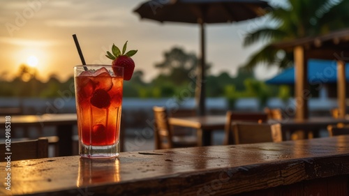 A refreshing summer drink with a strawberry garnish on a bar counter with a sunset in the background.