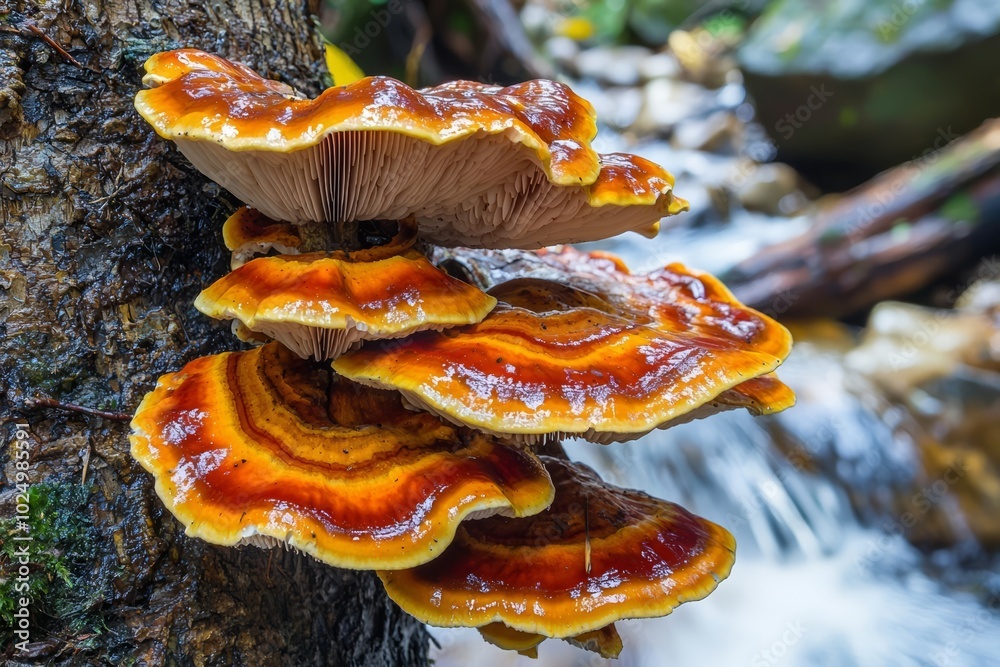 Red and Orange Mushroom Fungus growing on tree near stream , isolated on white background, , copy space for text, Red and Orange Mushroom Fungus growing on tree near stream , isolated on white background, , copy space for text,