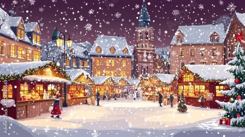 Charming Christmas Market in a Snow-Covered Square. AI generated illustration.