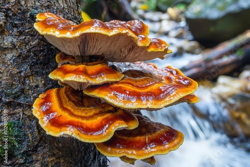 Red and Orange Mushroom Fungus growing on tree near stream , isolated on white background, , copy space for text,