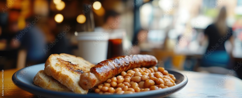 Fototapeta premium A hearty breakfast plate featuring toast, sausage, and baked beans in a cozy café setting.
