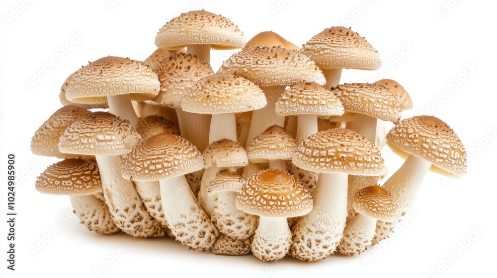 Cluster of brown beech mushrooms (Shimeji) isolated on a white background, highlighting their delicate texture and natural colors Cluster of brown beech mushrooms (Shimeji) isolated on a white background, highlighting their delicate texture and natural colors