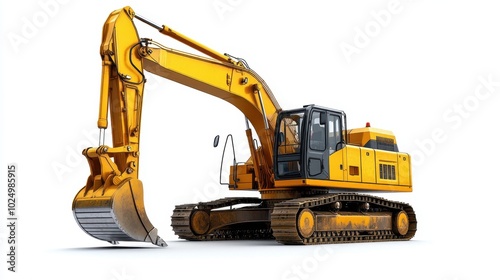 Construction excavator against a white background, emphasizing its mechanical strength and size for industrial visuals