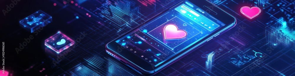 A smartphone displaying a heart symbol amidst a digital background, symbolizing connection. A smartphone displaying a heart symbol amidst a digital background, symbolizing connection.