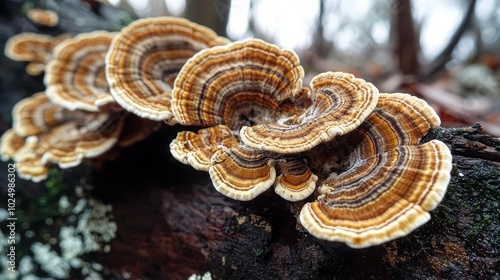 Turkey Tail Mushrooms in the wilderness. Wild medicinal mushrooms in the forest. , isolated on white background, , copy space for text,