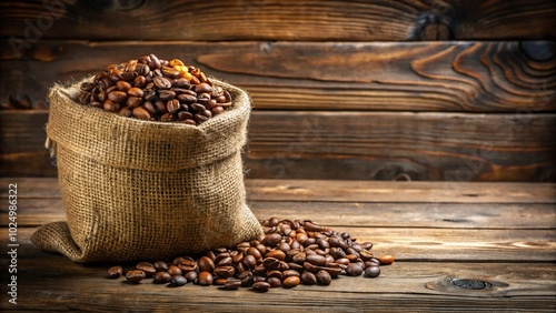 Brazilian roasted coffee in a jute sack on a massive rustic wooden table