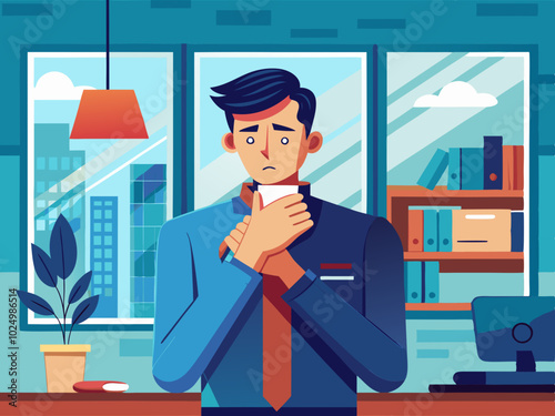 Young Man Coughing in Modern Office Holding Chest. Young man coughing in a modern office environment, hand on chest. vector illustration