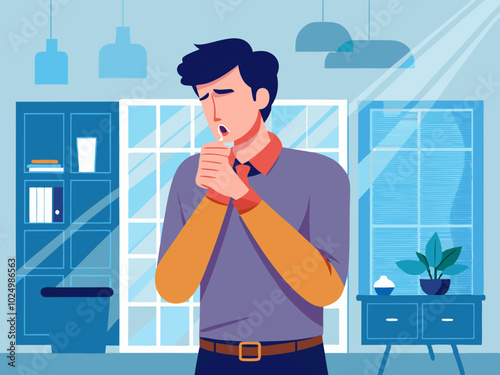 Young Man Coughing in Modern Office Holding Chest. Young man coughing in a modern office environment, hand on chest. vector illustration