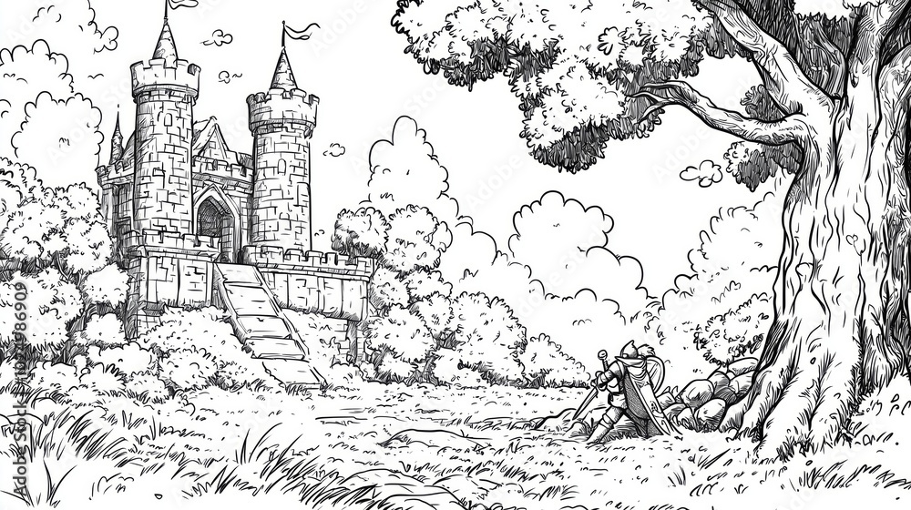 Obraz premium Coloring page of Knight in a Magical Storybook Landscape