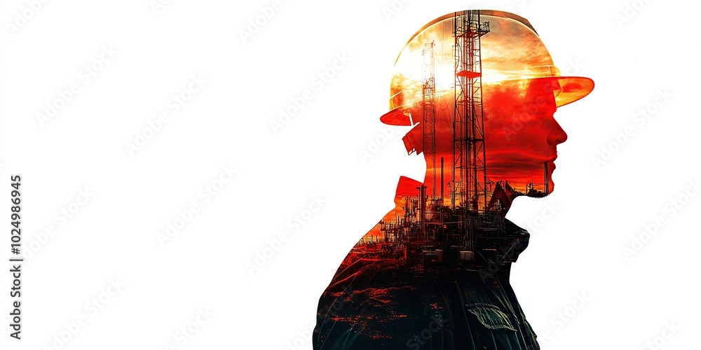 double exposure photo of oil worker, oil field background on white double exposure photo of oil worker, oil field background on white