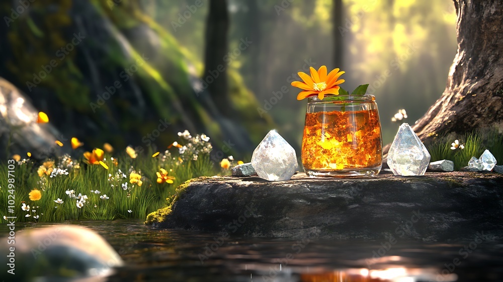 Fototapeta premium Glass of Orange Juice with Flower Garnish in Forest Setting