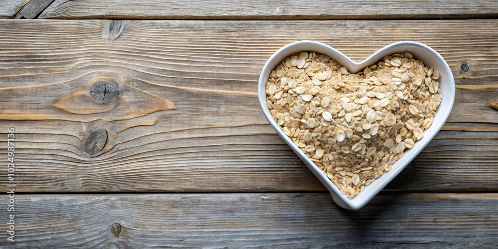 Breakfast oatmeal in heart shaped bowl with rustic background Breakfast oatmeal in heart shaped bowl with rustic background
