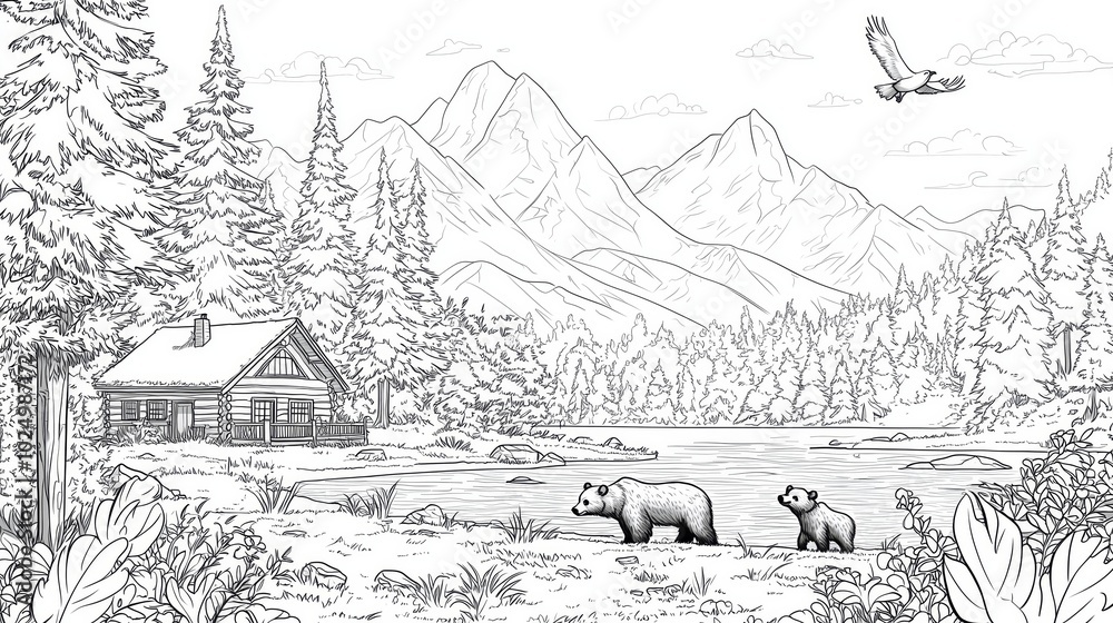 Coloring page of Tranquil Mountain Scene with Cabin and Bears Coloring page of Tranquil Mountain Scene with Cabin and Bears