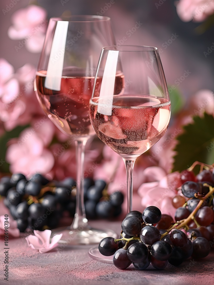 Two glasses of rose wine with fresh grapes and floral decor, creating an elegant and romantic atmosphere Two glasses of rose wine with fresh grapes and floral decor, creating an elegant and romantic atmosphere