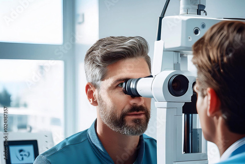 doctor y paciente salud visual realiza fondo de ojo con cámara retiniana en consultorio, concepto de cuidado prevencion de enfermedad de vista, oftalmologia